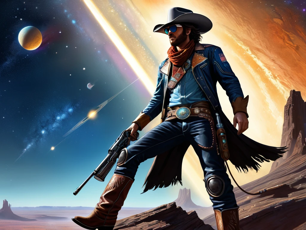 A rugged space cowboy, standing on a comet, in a dramatic pose, like riding the comet, in the midst of an intergalactic rodeo. His weathered leather chaps and intricately engraved blaster, while his worn cowboy hat and boots shades his determined profile. This vivid scene is depicted in a stunning digital painting, capturing every detail with striking realism. The space cowboy's steely gaze and confident posture convey a sense of adventure and frontier spirit, drawing viewers into the thrilling world of cosmic exploration and daring feats.