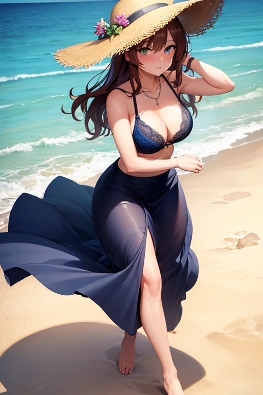 ((masterpiece, best quality, ultra-detailed)), highres, beautiful woman looking at viewer, shy, blush, sweat, navy blue bra, midriff, navy blue maxi skirt, long tight pencil skirt, barefoot, brim hat, necklace, full body, wavy brown hair, summer, walking along the beach, ocean