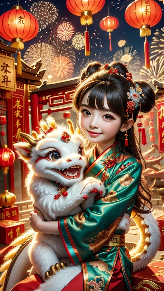 1 girl hugging cute little chinese dragon, ancient chinese little princess, chinese baby dragon, cute, festive, chinese lunar new year, firecrackers, fireworks