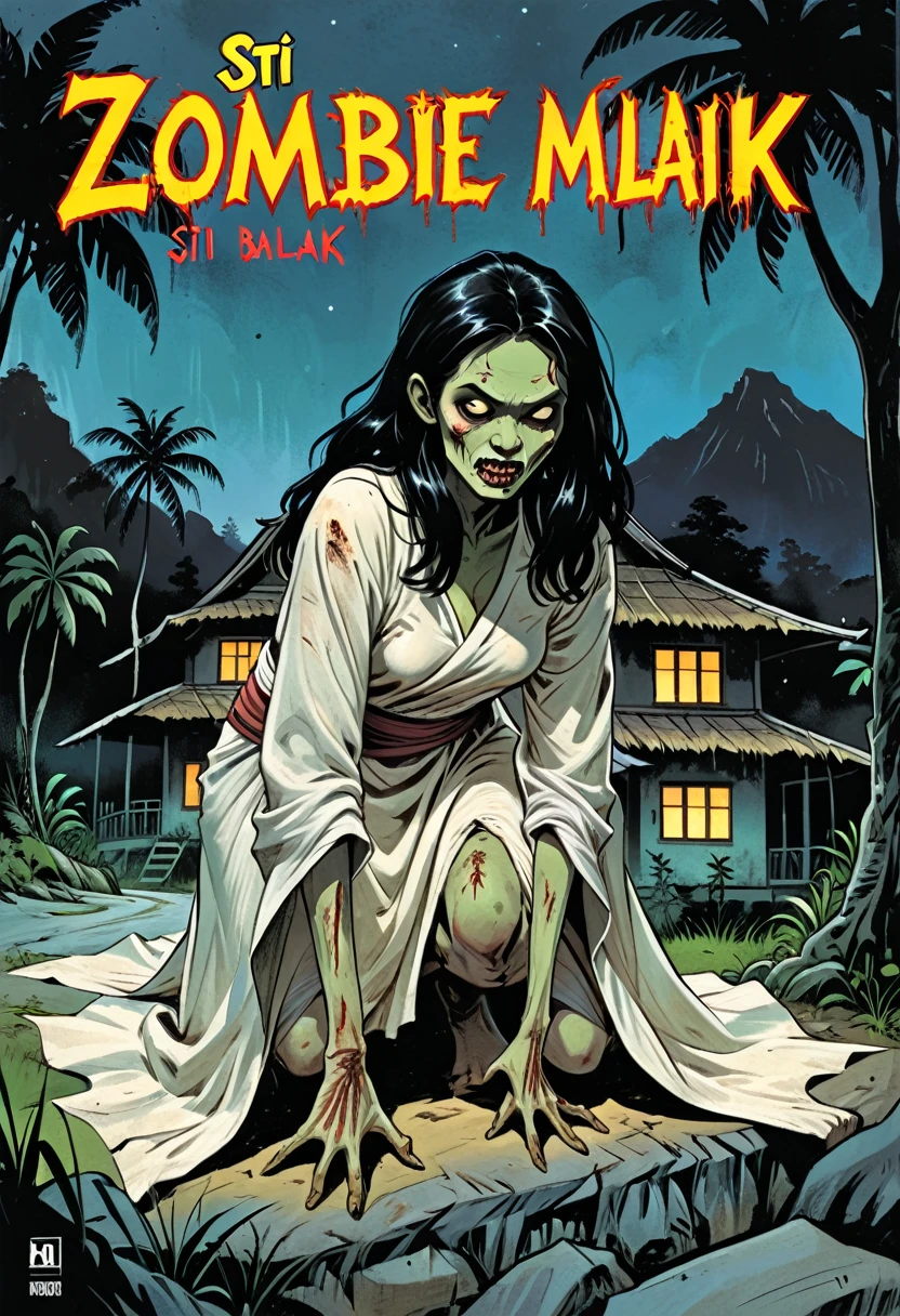 a comic book cover, illustration style. Titled written "SITI BALIK" a zombie woman, wearing white slubby long cloth, long black hair, crawling coming out from the terrain in front of a Malay house in the night. traditional Malay village house in distance. background of tropical forest and a mountain.