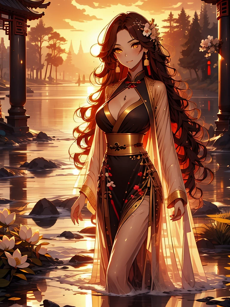 solo , solo girl, 1 girl, perfect ???????, maximum sharpness, high definition, UHD, beautiful, marika, queen marika, black dress, low neckline, wavy red hair, golden eyes, detailed eyes, beautiful eyes, chest, one piece dress, sexy, sensual, no natural light, night, night, dark night, seductive, dark glowing flowers, kneeling in the grass, magnolia tree, red magnolia tree, ruins, no water anywhere, dry ground, equinox，Magnolia,swallow，Traditional Chinese architecture，A woman in Hanfu standing next to a flower，Characters and Landscape s, 
