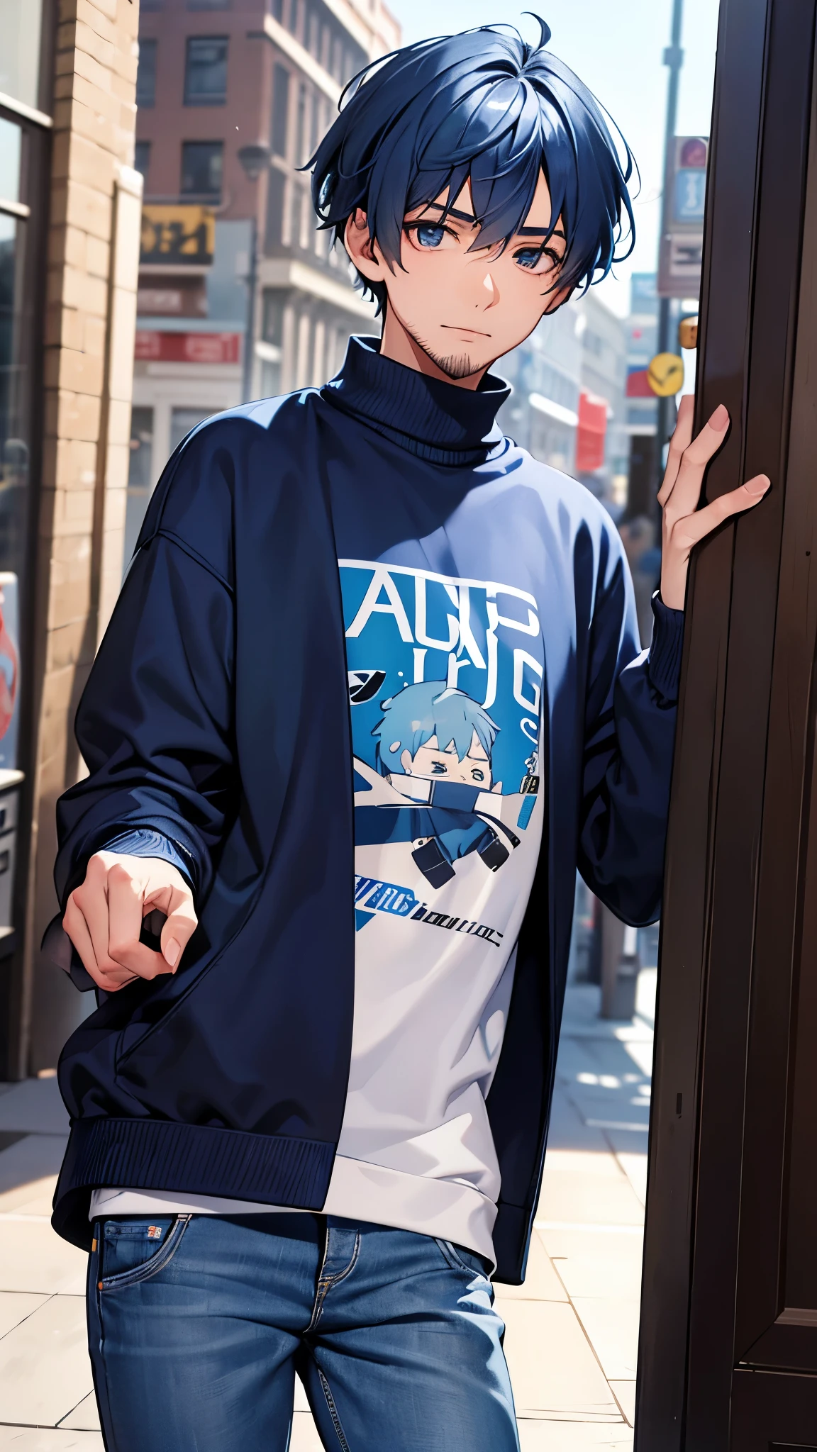 18 year old man, short blue hair, thin, wears a sweatshirt and jeans, he has days of beard