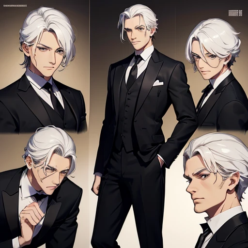 (anime),(Alone in the picture:1.5),imaginea 60-year-old male butler, tall and elegant, 1.86m tall. His posture is impeccable and his face denotes experience and wisdom. He has neatly combed gray hair and a short, well-groomed mustache. His eyes are blue and piercing, with striking expression lines around them that tell stories of years of faithful service. Use a hyper realistic look in this graphic design. The butler wears a traditional black suit, with red ties and gold buttons. His shirt is white and impeccable, with long sleeves and pleats. Tight pants and black leather gloves complete the sophisticated look. Add details to your expression, such as subtle wrinkles on your nose and forehead, showing your cunning and sagacious personality.
