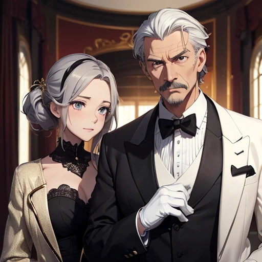 (anime),(Alone in the picture:1.5),imaginea 60-year-old male butler, tall and elegant, 1.86m tall. His posture is impeccable and his face denotes experience and wisdom. He has neatly combed gray hair and a short, well-groomed mustache. His eyes are blue and piercing, with striking expression lines around them that tell stories of years of faithful service. Use a hyper realistic look in this graphic design. The butler wears a traditional black suit, with red ties and gold buttons. His shirt is white and impeccable, with long sleeves and pleats. Tight pants and black leather gloves complete the sophisticated look. Add details to your expression, such as subtle wrinkles on your nose and forehead, showing your cunning and sagacious personality.