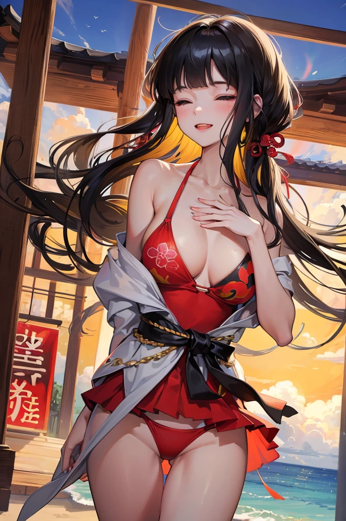 (pov kimono style swimsuit) (beautiful body), (solo:2, 15 yo, blunt bangs:1.3 black hair long hair sexy shrine girl, sexy closed eyes, happy smile, medium tits), (in a japanese modern:1.3 shrine:1.2 beautiful one piece swimsuit, wabisabi:1.3, white and red), break, in the sunshine beach, background Double Exposure beautiful ocean, BREAK, perfect anatomy, masterpiece, best quality, 16k, beautiful detailed love, sexy, daydreaming expression.