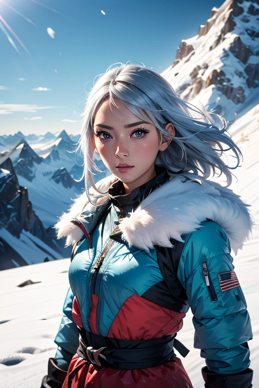 One girl, Summit, Silver hair tousled by the wind, 雪のSummitを映す目, Alpine Costume, Snowstorm all around, With ice crystals, masterpiece, Highest quality, Highlights in ArtStation