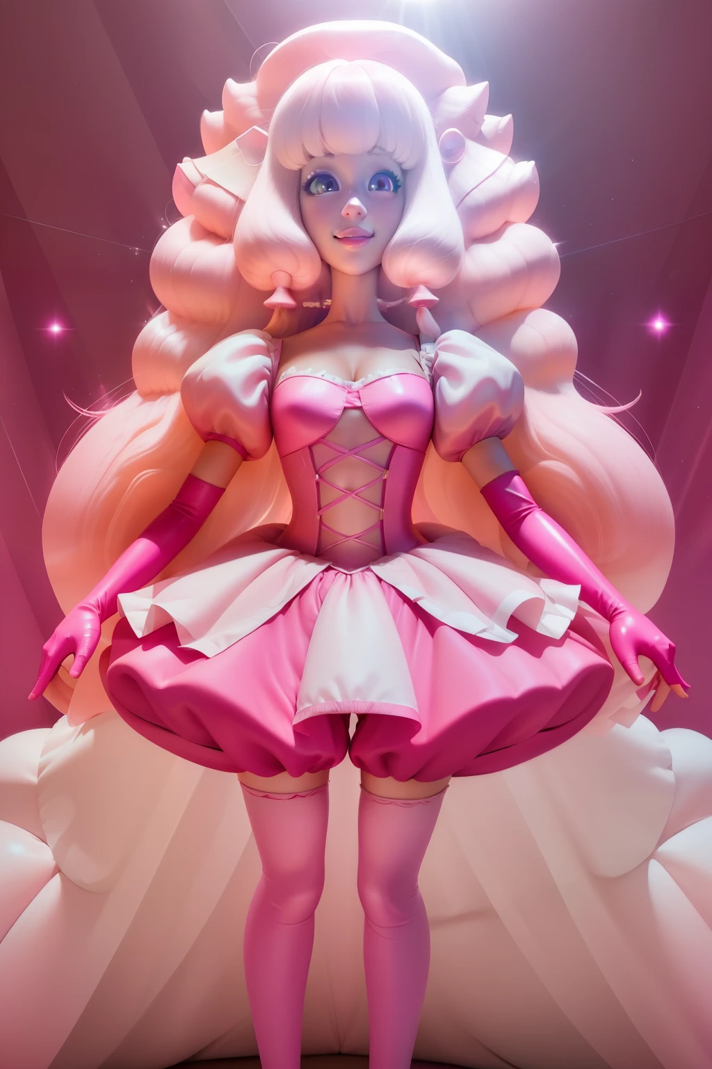 pnkdamond, pink hair, pink eyes,  big hair,  stomach gem,  pink skin,  toned, 
puffy short sleeves, elbow gloves ,  white thighhighs,   puffy dress, 
standing, upper body, 
 outerspace,  
(insanely detailed, beautiful detailed face,beautiful detailed eyes, masterpiece, best quality) cinematic lighting,  smile, 
 
