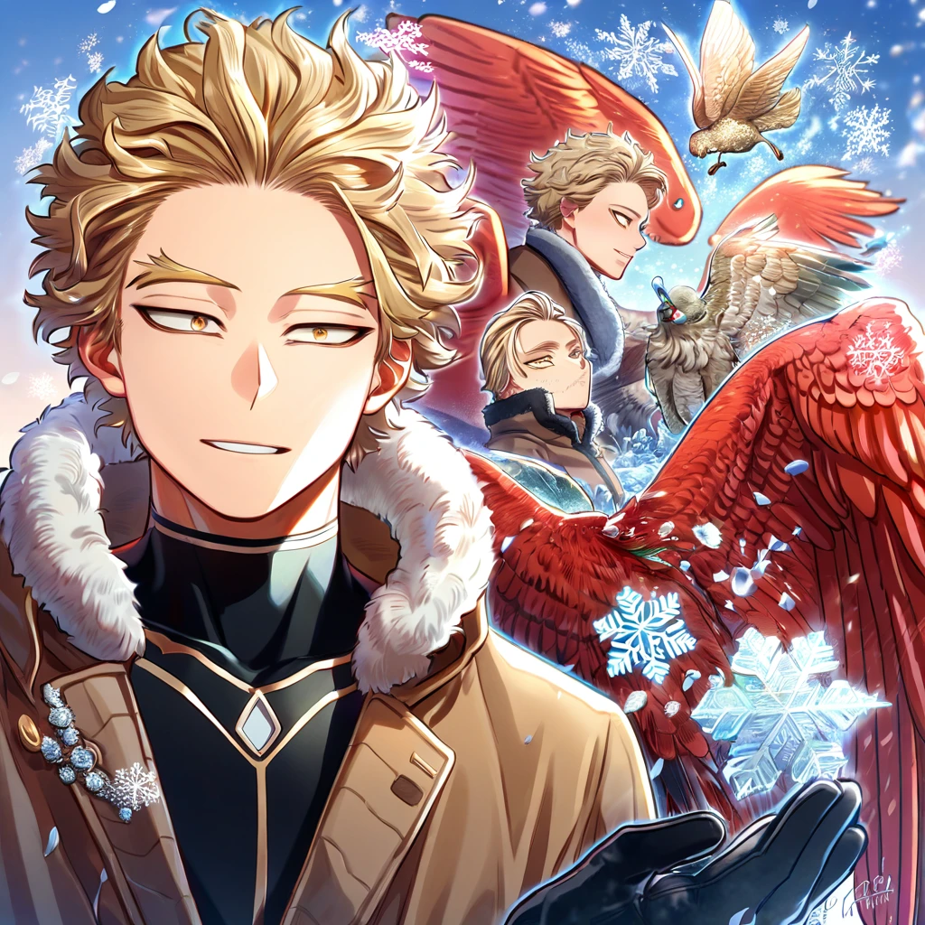 Ultra detailed, HDR, Highres, absurdres, master piece, Hawks, ash blonde hair, expressive brown-golden eyes, faint stubble, red wings, Boku No Hero Academia, brown coat with fur, black tight shirt, handsome, winter, ice glittering butterflies, ice, petals, glass flowers, glittering, water, fantasy, magical, snowflakes, cold, handsome smile, solo, black gloves