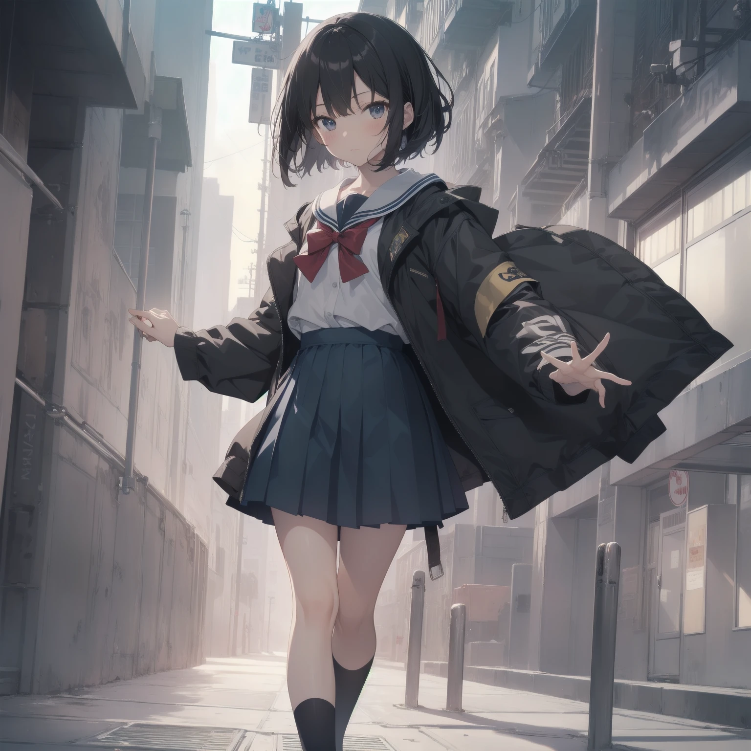 ultra-absurdres-Top quality by artist God, ultra-detailed, high resolution, anime moe artstyle, best anime 8k konachan wallpaper, pixiv contest winner, pool:2810, perfect anatomy,break, 1girl, (Please draw a girl walking sleepily to school alone. )break,(Solo,little female, 13-year-old:1.3),Full limbs, complete fingers,a junior high school student, (very short hair), short cut, flat chest, , small butt, small black eyes, beautiful detailed eyes, well-proportioned iris and pupils, expressive eyes, highres detailed hair, soft expression, salor school_uniform, sailor collar, serahuku, bow, pleated skirt,(Detailed Lighting), (Detailed background), in the School commute route. break,super detailed skin, Best cinematic lighting powered by famous artist, 8k,beauty illustration,photoshop_(medium),very aesthetic,break,((artist:beni_shake )), artist:clamp ,artist:carnelian ,artist:kantoku ,
