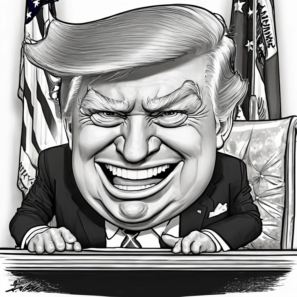 caricatura de Donald Trump , anime styling, angry in the oval office , at the white house, very scruffy, Laught