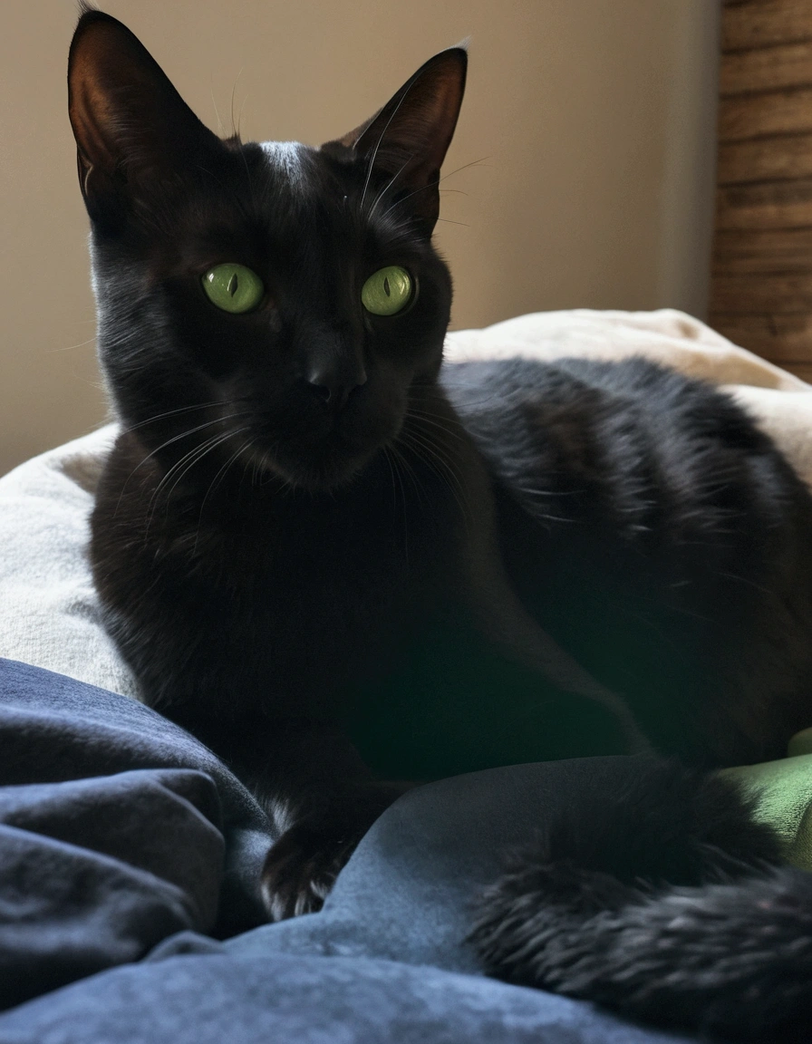 "A realistic depiction of a black domestic cat with green eyes. The cat has sleek, shiny fur and a relaxed posture as it lies on a wooden floor in a cozy living room. The room is softly lit, with a comfortable sofa, a coffee table with a few books on it, and a window letting in natural light. The cat looks content and calm, its fur detailed and lifelike, with its bright green eyes standing out vividly."