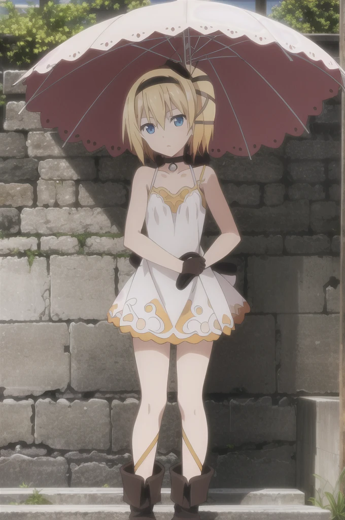 ((masterpiece)),((Highest quality)),Very detailed,Raising awareness,Explicit,beautiful body,beautiful Nose,beautiful character design,Perfect Eyes,Perfect Face,wallpaper,Ultra-high resolution,4K,photograph,(beautiful,Small breasts:1.2),(beautiful顔:1.2),beautiful足,Perfect Legs,Shiny skin,Official Style,Browsing Caution,Official Art,Create a screen capture,Anime Coloring,
One Girl,alone,umbrella,blonde,short hair,choker,Side Ponytail,ribbon,blue eyes,black choker,gloves,leg ribbon,片手gloves,hair band,whole body,hair ribbon,dress,View your audience,tress ribbon,boots,Are standing,white dress,skirt,clavicle,Beach,Outdoor,Day,
