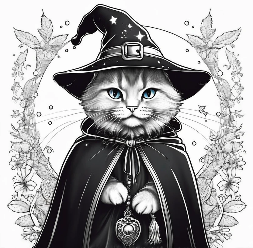 Coloring book、An illustration、Wizard Cat、Hat and cloak、Cat Witch、cute、witch's hut、