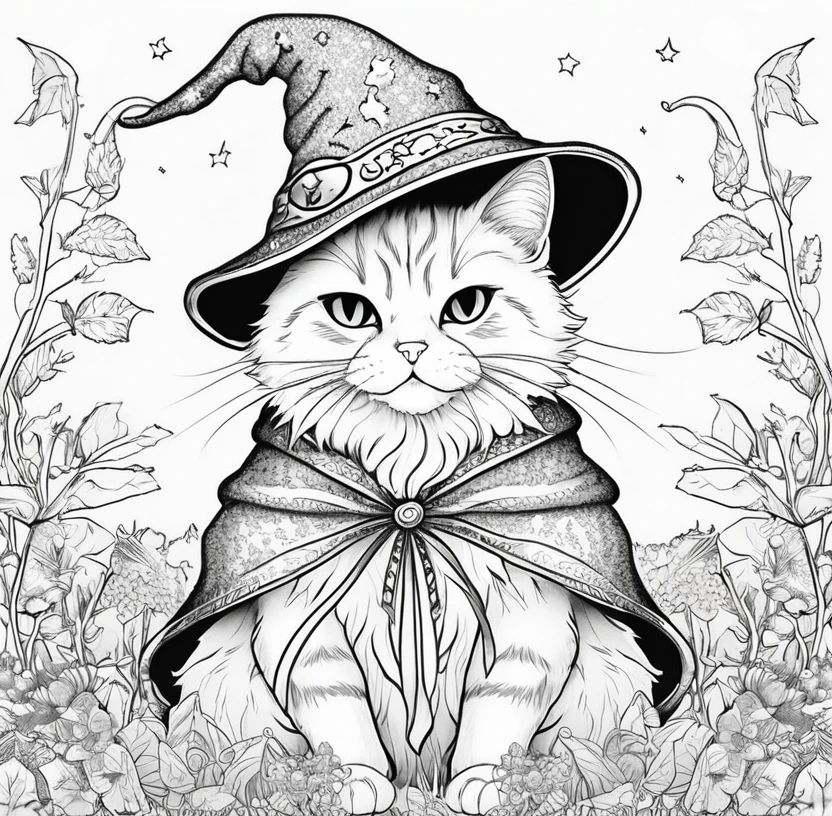 Coloring book、An illustration、Wizard Cat、Hat and cloak、Cat Witch、cute、witch&#39;s hut、