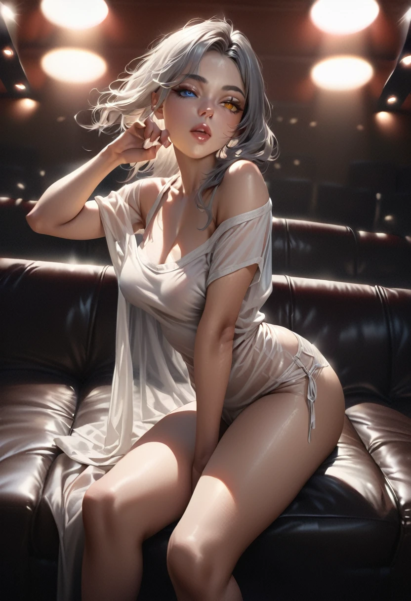 Highest quality, masterpiece, Ultra-high resolution, (Realistic: 1.4), RAW Photos, One girl, Off the shoulder, Cinema Lighting, Kiss pose, Heterochromia iridis, sexy、See-through、whole body