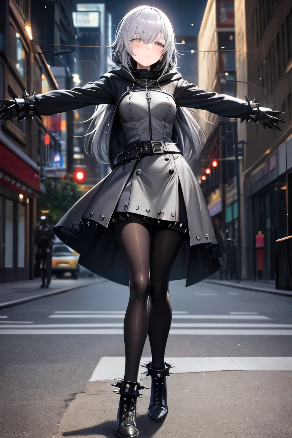 ((best quality)), ((masterpiece)), (detailed), 1 girl, Full body, 18 years old, Depressed face, Silver eyes, Arms outstretched, Arms behind waist, Metal covering her eyes, Gray zippered hood, Blushing, Silver hair, Straight hair, Bangs, Lock of hair covering her eye, Full body, Medium breasts, Slim body, Metal spikes, Grey wristbands, Long black gloves with spikes, Grey Gothic lolita dress, Grey dress with metal spikes, Metal emblem, Somewhat tight, Black belt, Metal legs, Black pantyhose, Black boots, Walking through the city, Metal coming out of the road, City background, Anime