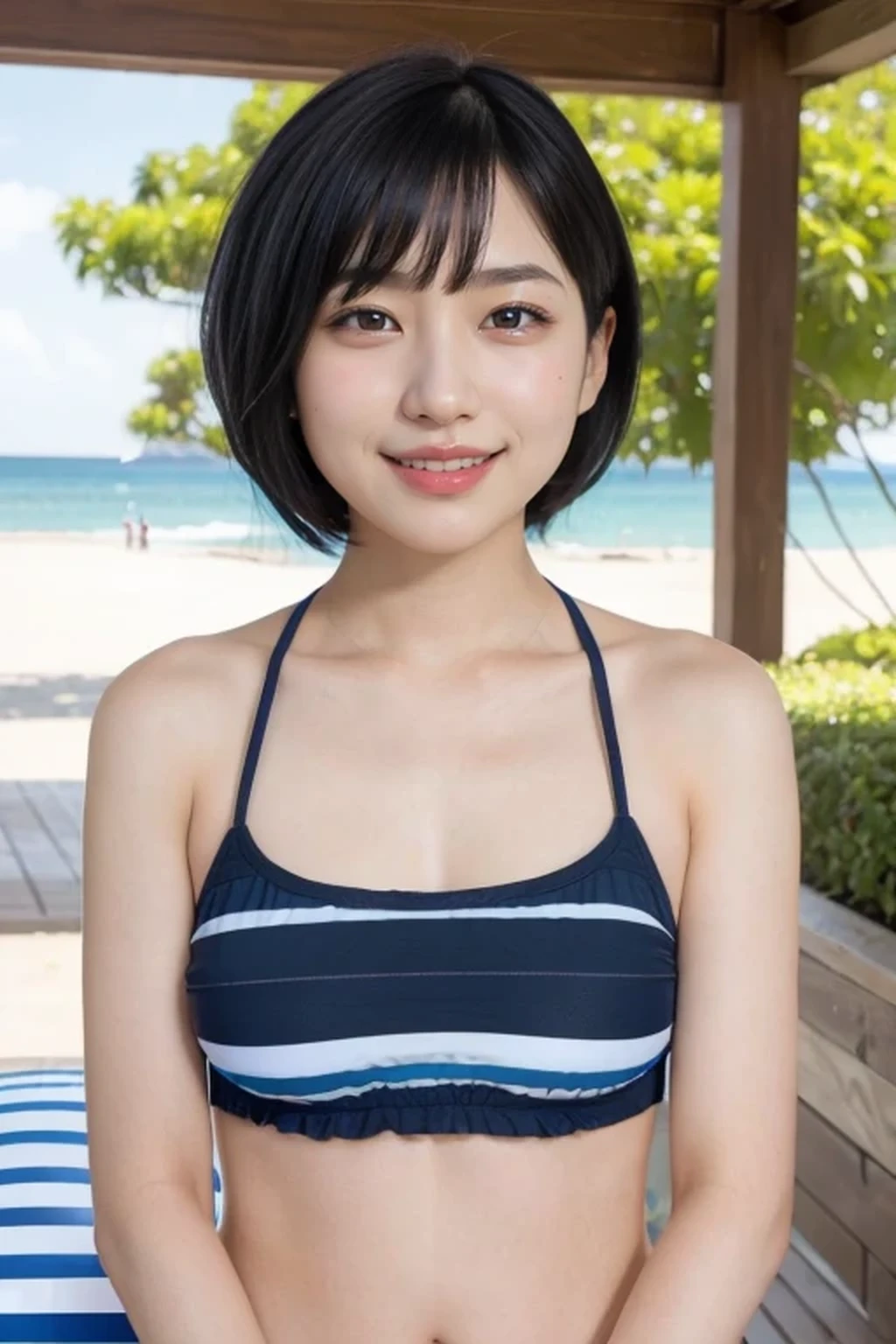 (blue striped bikini, beach:1.3), (natural lighting:1.3), 8k, RAW photo, best quality, masterpiece, realistic, photo-realistic, clear, beautiful face, no makeup, best quality, ultra high res, BREAK, Japanese cute girl, ************, (short cut hair:1.2), smile, standing, BREAK, (black eyes, black hair:1.2)