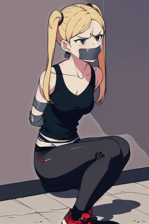 ((1 girl)), ((twin tails)), ((simple_background)), ((concrete floor, concrete wall)), ((dark empty room)), tied hands, tied ankles, ((arms behind back)), ((scowl)), ((sitting on the knees)), ((mouth close)), ((mouth gagged)), ((tape gag)), ((helpless)), ((calm)), (tank top armor, tights pants, long black pants, sports shoes)