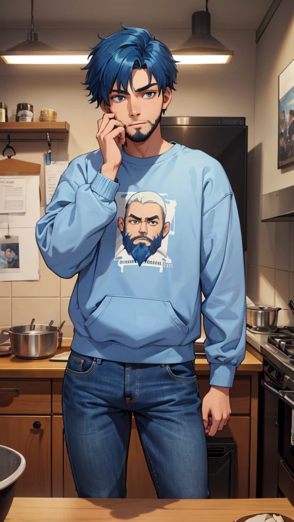 18 year old man, short blue hair, thin, wears a sweatshirt and jeans, he has days of beard
