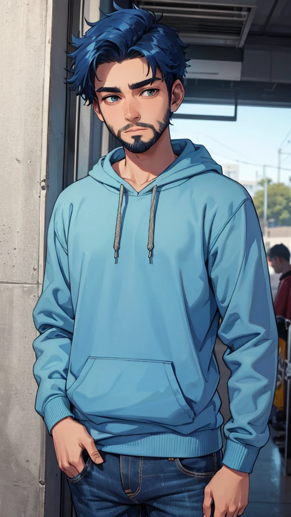 18 year old man, short blue hair, thin, wears a sweatshirt and jeans, he has days of beard