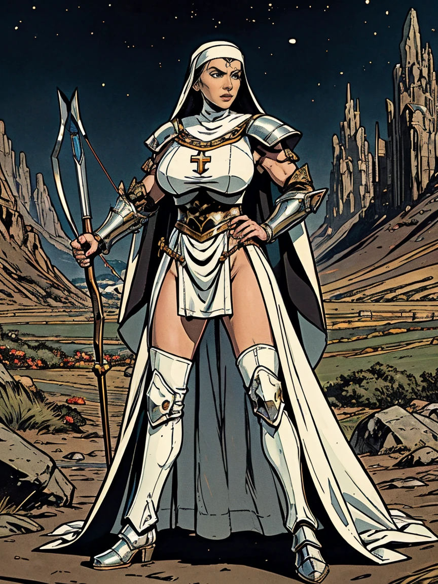 (masterpiece, top quality, best quality, official art, beautiful and aesthetic:1.2), (1girl:1.3), ((Sharp facial features, sharp features, hawkish features)), ((grey eyes)), busty paladin knight girl, extremely detailed, portrait, looking at viewer, solo, (full body:0.6), detailed background, full-body shot, (cold mountain nighttime glacier theme:1.1), holy knight, (nun), charlatan, smirk, mysterious, swaying in mountains, armor, polished metal, gold trim, long boots, white fabric, pelvic curtain, robe, pale leather, ((((nun, crossbow, heavy armor, armored, long legs, robes, prayer scrolls, toned, muscular)))), slim waist, slim hips, long legs, medieval (mountain exterior:1.1) background, dark mysterious lighting, shadows, magical atmosphere, dutch angle
