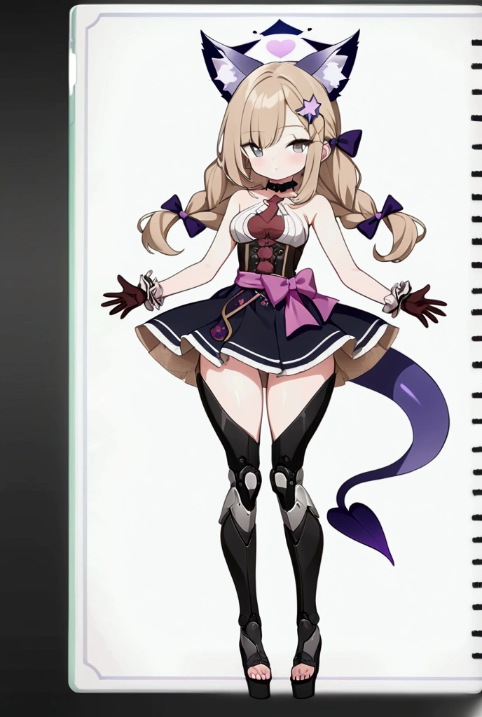 woman 170 cm tall, medium chest, wide hip, slim build, charming look, ((whole body)), (((character design sheet: front view))), (dark blonde hair, ((hip length wavy hair, asymmetrical bangs, star hairpin)), (She has a short braid tied with an elegant purple ribbon on the left side of her hair above her chest), (She has a short braid tied with an elegant purple ribbon on the right side of her hair above her chest), She has small hair bows in the back of her hair), ((Gray eyes with a pink 4-pointed star in the pupil)), (Two black and purple fox ears located on the top of the head), (Luminous black horizontal halo with purple star patterns above head), He has a black collar with a heart emblem on his neck., (Elegant long one piece dress, Thigh-length lace and ruffle skirt, large bow at the back of the hip, ribbon decorations and star patterns on the dress), black ruffled gloves, Black platform heels, gray belt at the waist with a large ribbon with a luminous pink heart in the middle, ((He has a succubus tail that ends in the shape of a purple heart)), (((It has complex mechanical legs that reach up to the thighs and are black with small purple details.))), beautiful detailed hair, beautiful detailed dress, extremely detailed arms, extremely detailed face, small face, Beautiful detailed eyes, beautiful detailed lips, adorable, extremely detailed legs, (Best Quality, 4k, high resolution), ultra detailed, Exquisite and epic character art, ((White background)), (Focus on symmetry).