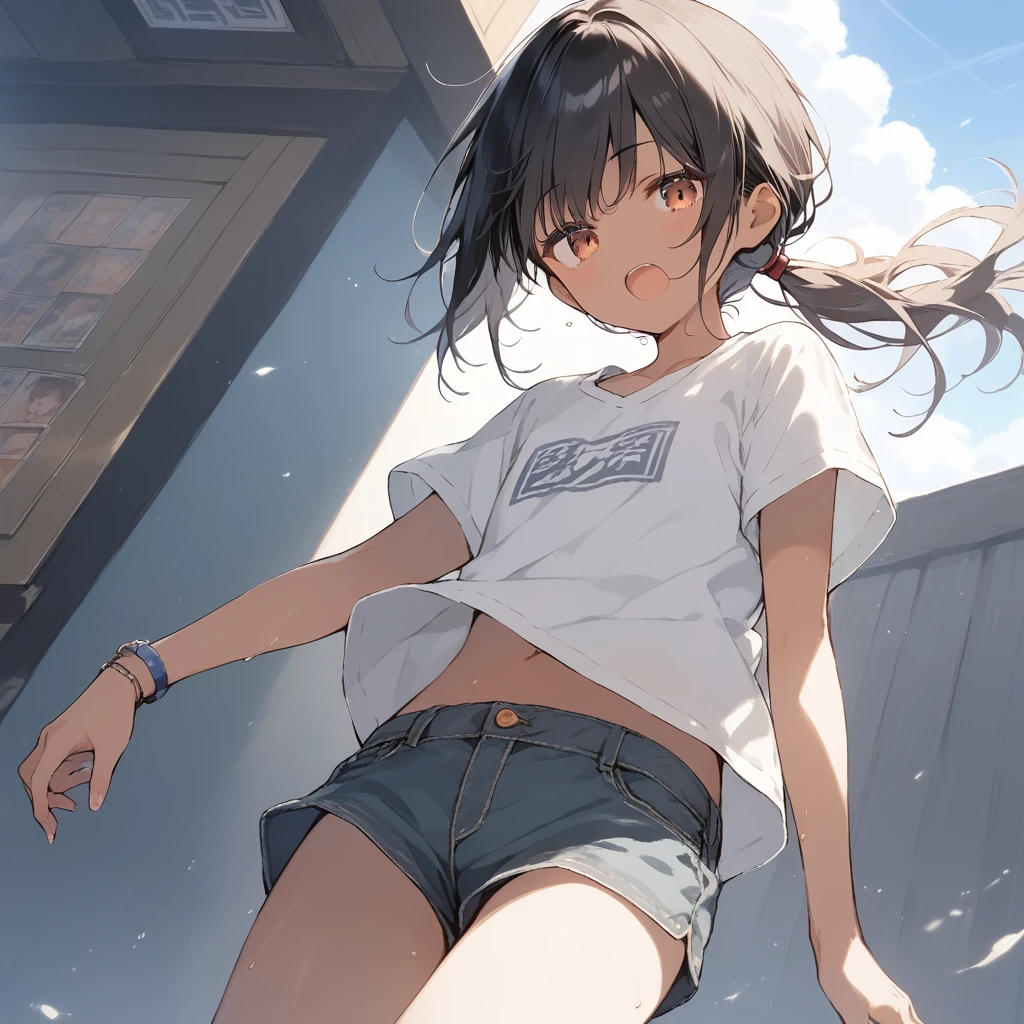 score_9, score_8_up, score_7_up, source_anime, best quality, masterpiece, official art, absurdres, highres, ultra-detailed,waifu2x,Collection: Slice of Life,break,1girl, tomboy, dark-skinned female, short hair, low ponytail, flat chest, beautiful detailed eyes, short shorts, sweat, open mouth, (yawn:0.3), sleepily, outdoors, wind,break,(clear line illustration:1.2), super detailed skin,very high resolution, very aesthetic, Best sexual lighting powered by famous artist, 8k,cute picture,beauty illustration,photoshop_(medium),,(Detailed Lighting),best anime 8k konachan wallpaper, pixiv contest winner, 