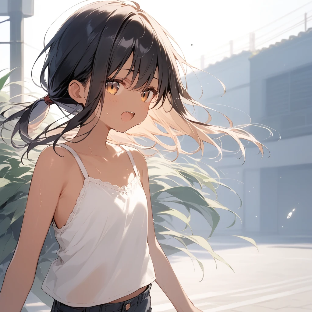 score_9, score_8_up, score_7_up, source_anime, best quality, masterpiece, official art, absurdres, highres, ultra-detailed,waifu2x,Collection: Slice of Life,break,1girl, tomboy, dark-skinned female, short hair, low ponytail, flat chest, beautiful detailed eyes, short shorts, sweat, open mouth, (yawn:0.3), sleepily, outdoors, wind,break,(clear line illustration:1.2), super detailed skin,very high resolution, very aesthetic, Best sexual lighting powered by famous artist, 8k,cute picture,beauty illustration,photoshop_(medium),,(Detailed Lighting),best anime 8k konachan wallpaper, pixiv contest winner,