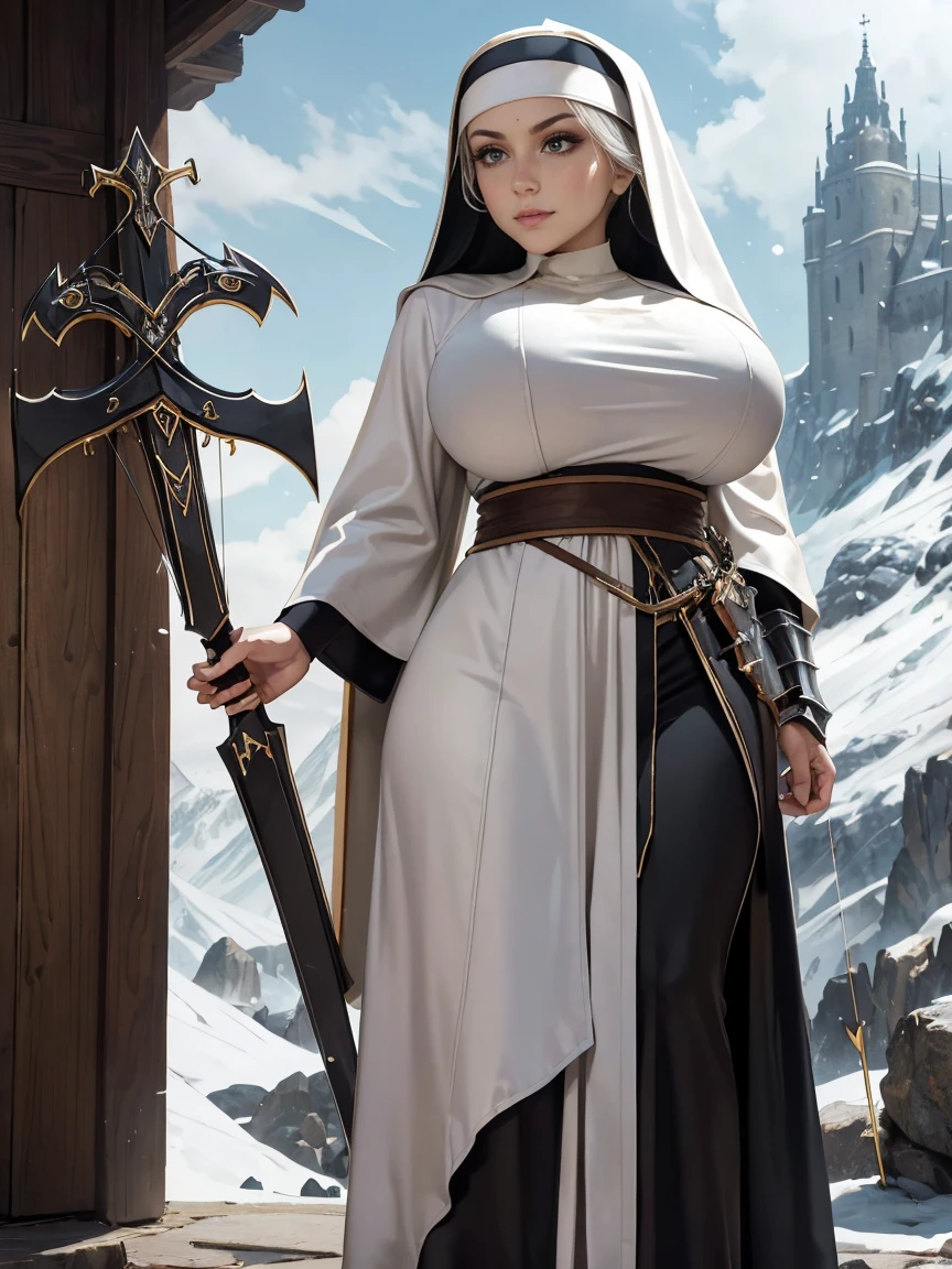 (masterpiece, top quality, best quality, official art, beautiful and aesthetic:1.2), (1girl:1.3), ((Sharp facial features, sharp features, hawkish features)), ((grey eyes)), busty paladin knight girl, extremely detailed, portrait, looking at viewer, solo, (full body:0.6), detailed background, full-body shot, (cold mountain nighttime glacier theme:1.1), holy knight, (nun), charlatan, smirk, mysterious, swaying in mountains, armor, polished metal, gold trim, long boots, white fabric, pelvic curtain, robe, pale leather, ((((nun, crossbow, heavy armor, armored, long legs, robes, prayer scrolls, toned, muscular)))), slim waist, slim hips, long legs, medieval (mountain exterior:1.1) background, dark mysterious lighting, shadows, magical atmosphere, dutch angle