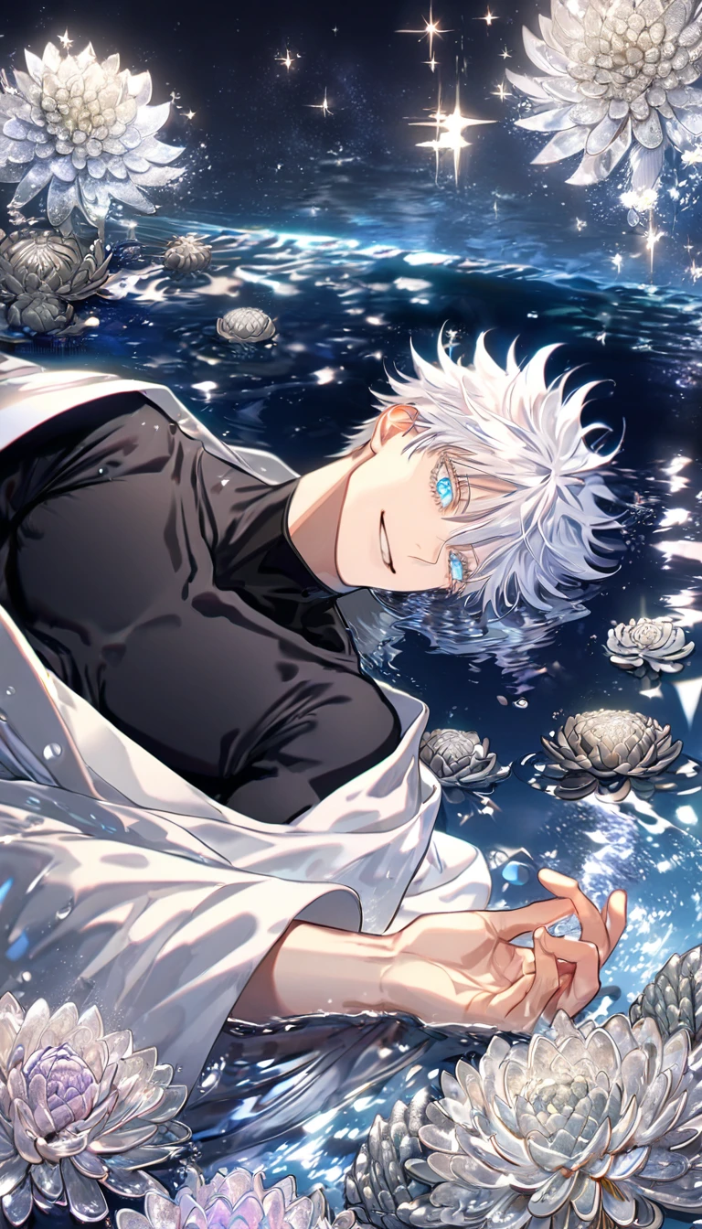 absurdres, highres, ultra detailed, HDR, master piece, best quality, extremely detailed, Gojou Satoru, white hair, expressive blue eyes, white eyelashes, Jujutsu Kaisen, solo, sexy man lying on water, handsome, smile, white haori, black scarf, black tight T-shirt, fantasy, water, sparkling, silver glittering fireflies, silver moon, silver blossoms, silver chrysanthemums, silver sparkling lights, starry sky, magical
