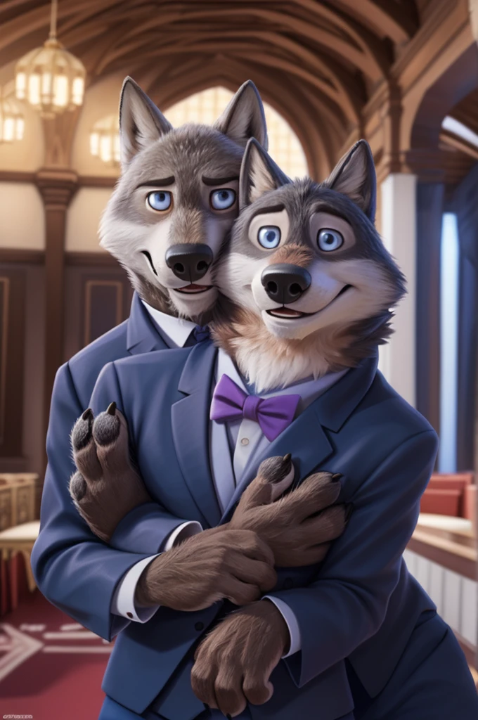 Larry (Zootopia), wolf, Gray Fur, (brown body:1.3), beautiful blue eyes, Zootopia, dressed,blazer,pink shirt,trousers,the bow tie, canine,wolf, detailed fur, Male, second, paw pads, finger claws,одевает the bow tie, Games,At the viewer, 5 fingers, paws, 4 toes, in the wedding palace, groom, next to my stepfather, белый wolf,
BREAK from nextel, for dating, by xenoforge, (difficult, high detail,digital photography, soft focus, RAW, close to the camera, smile, positive, Good, mood, Houses, looks at the viewer, очень close to the camera,his wedding, palace church, hugs father Photorealism, realistic, photorealistic,digital style, Subsurface scattering,очень close to the camera
шедевр, Best quality, ultra realistic, 8 thousand.)