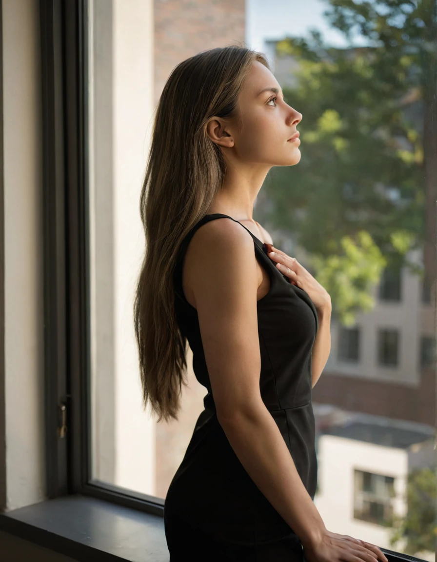 This is a photograph of a woman looking out a window, taken from the side. Her long bronze hair hangs over her shoulders. She is in quiet contemplation with on arm across her torso and one hand on her chin. A large window has a view of an apartment neighborhood. She is wearing a form fitting sleeveless, black minidress. soft natural light, casting shadow style, perfect eyes, extremely intricate details, masterpiece, epic, clear shadows and highlights, realistic, intense, enhanced contrast, highly detailed skin