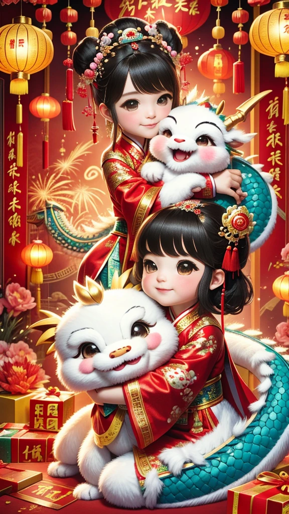 1 girl hugging cute little chinese dragon, ancient chinese little princess, chinese baby dragon, cute, festive, chinese lunar new year, firecrackers, fireworks