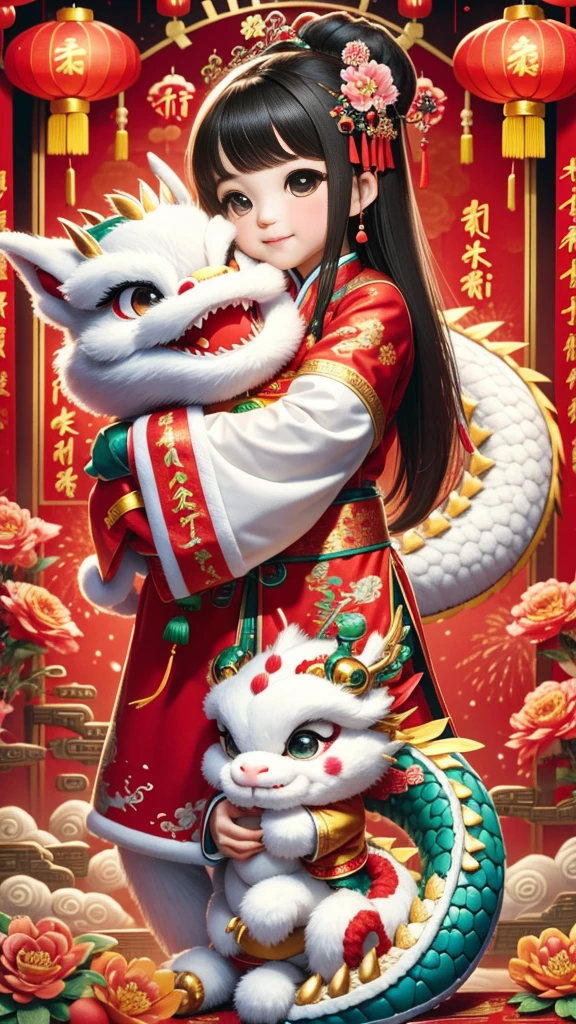 1 girl hugging cute little chinese dragon, ancient chinese little princess, chinese baby dragon, cute, festive, chinese lunar new year, firecrackers, fireworks