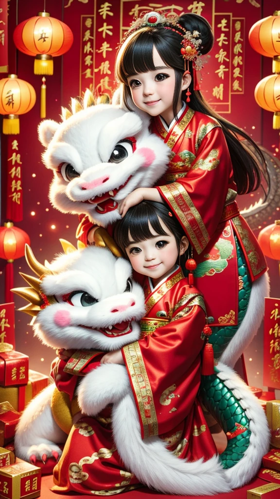 1 girl hugging cute little chinese dragon, ancient chinese little princess, chinese  dragon, cute, festive, chinese lunar new year, firecrackers, fireworks