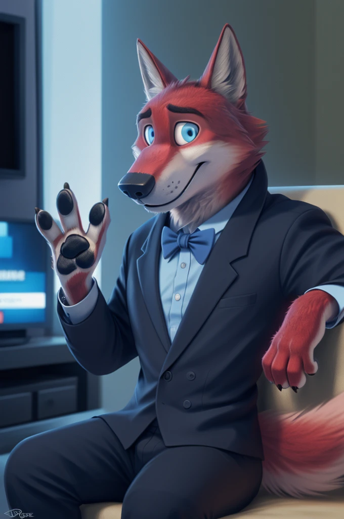 Joachim Wolfbach (Zootopia),tall handsome, wolf,young, 24 years, brown fur, hair on the head,(red body:1.3),Blue eyes, Moscow Dressed, shirt,blazer, bow tie,trousers,canine, wolf, detailed fur, Male, antro, paw pads, finger claws, waving, waving at viewer, 5 fingers, paws, 5 fingers, smile, happy, resting, wrist watch, т nextel, sitting at home watching TV, by xenoforge, (difficult, high detail, film photography, soft focus, RAW runs for governor, 
Photorealism, realistic, photorealistic, analog style, Subsurface scattering, 
masterpiece, Best quality, ultra realistic, 8 k)