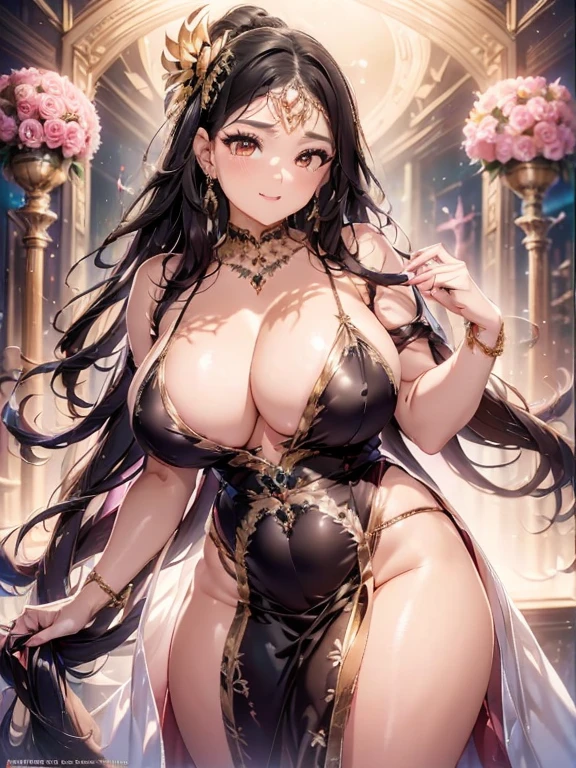 RAW Photos, Digital single-lens reflex camera, soft Lighting, ((colorful))),(((Flowers)))、((feather))、(((Shine)))、((Fractal Art))、(((particle、Light)))Film Grain, 16k wallpaper, masterpiece, Highest quality, Very detailed, 40~50 years old, Full Body Shot, Mature beautiful woman,Captivating smile, Thick lips , Looking at the audience, Glossのある髪, Cleavage, ,Curvaceous and seductive face,Mischievous face,An inviting gaze,Emphasis on anatomical balance of the human body,A gentle gaze, Gloss,Pink lipstick,Pink Eyeshadow,Sexy pose,Perfect body、(((Highest qualityのドレス)))、Luxury Body Chain、garter belt、Unparalleled beauty、Ultra smooth skin、Highest qualityのコーディネート、Shine瞳、(((Wearing luxurious jewelry)))、(((The location is a great backdrop、Shine星空、Seaside、Resort)))、(((She is wearing a plunging lace blouse...)))、(((Gold Body Chain)))、(((Precious metal jewelry、Body Piercing)))、(((colorfulなレースのローブ)))、nail art