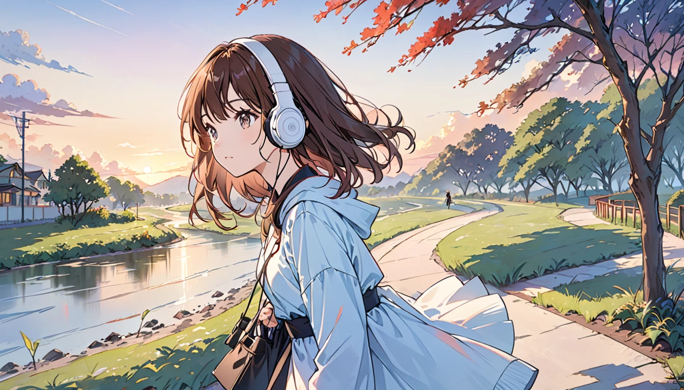 Girl wearing headphones,Brown Hair,1 person,bright,「Walking path at dusk」