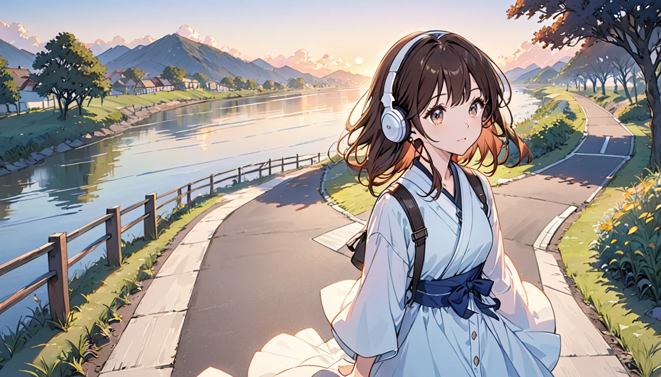 Girl wearing headphones,Brown Hair,1 person,bright,「Walking path at dusk」