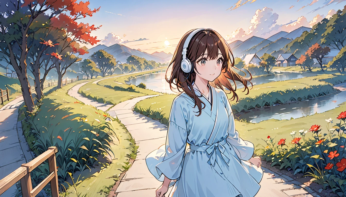 Girl wearing headphones,Brown Hair,1 person,bright,「Walking path at dusk」