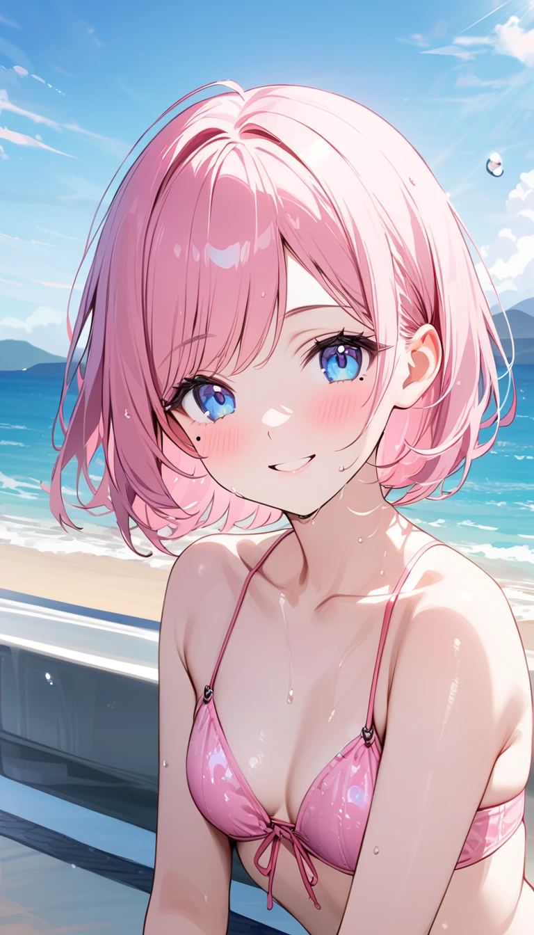 (1 girl),(Best Picture Quality, 8K, Masterpiece:1.3), (high school student:1.5), ((pink lob hair:1.1)), (bob cut),(swept bangs), (cute eyes, pupil black, iris skyblue, youthful face), (mole under right eye), (standard weight), (small breasts), (glistening skin:1.1),(pale skin:1.2),(pink bikini),(seaside),((Nymphet fashion:1.3)),(wet:1.1),((summer scene:1.2)),(magnificent view),(overlooking),(Smile).