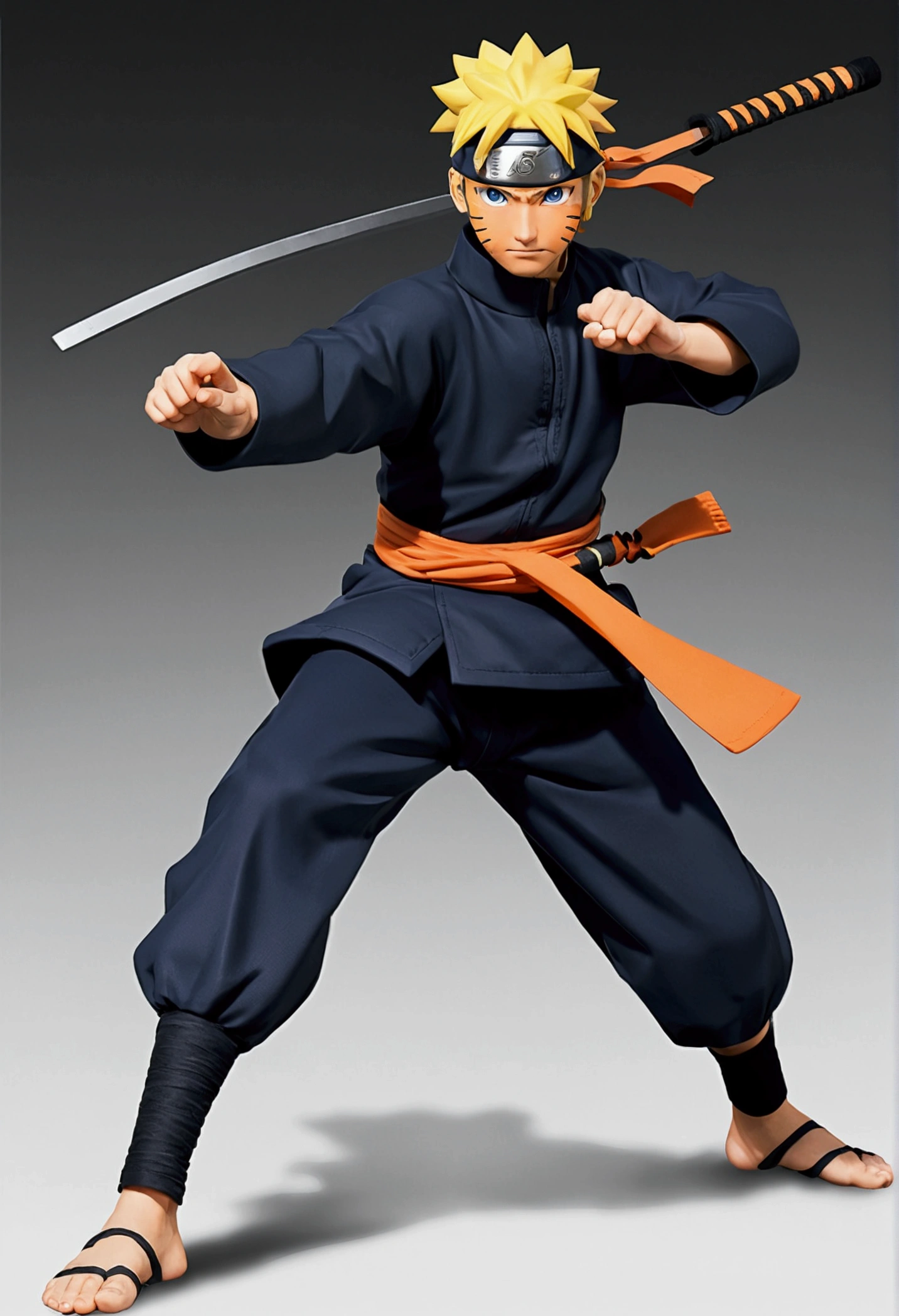 "Draw a character from the Naruto universe in a dynamic attack position, with one leg extended forward and arms prepared to launch a jutsu. The character must be wearing short, practical clothing, suitable for combat, with details typical of Naruto's ninja style. Add movement elements, like sashes or flowing accessories, to give a sense of action and speed. Facial expression must be determined and focused, pronta para a batalha."