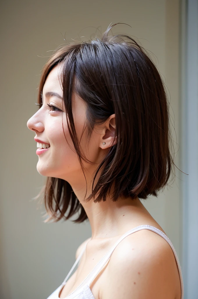 Top quality, 1 beautiful woman, super short Hair, shy Smile, wearing tanktop, Profile, sexy