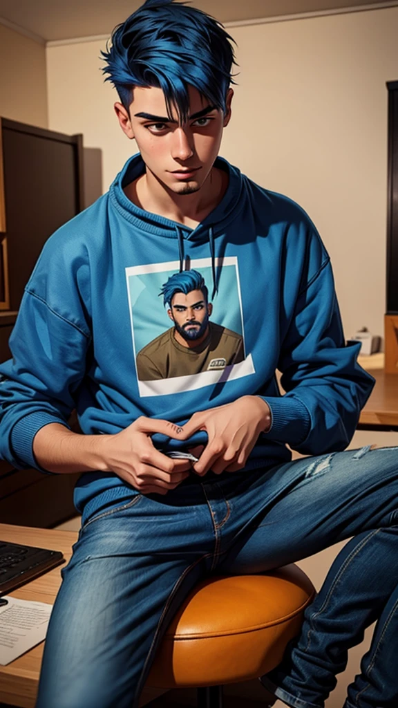 18 year old man, short blue hair, thin, wears a sweatshirt and jeans, he has days of beard. Cómic style