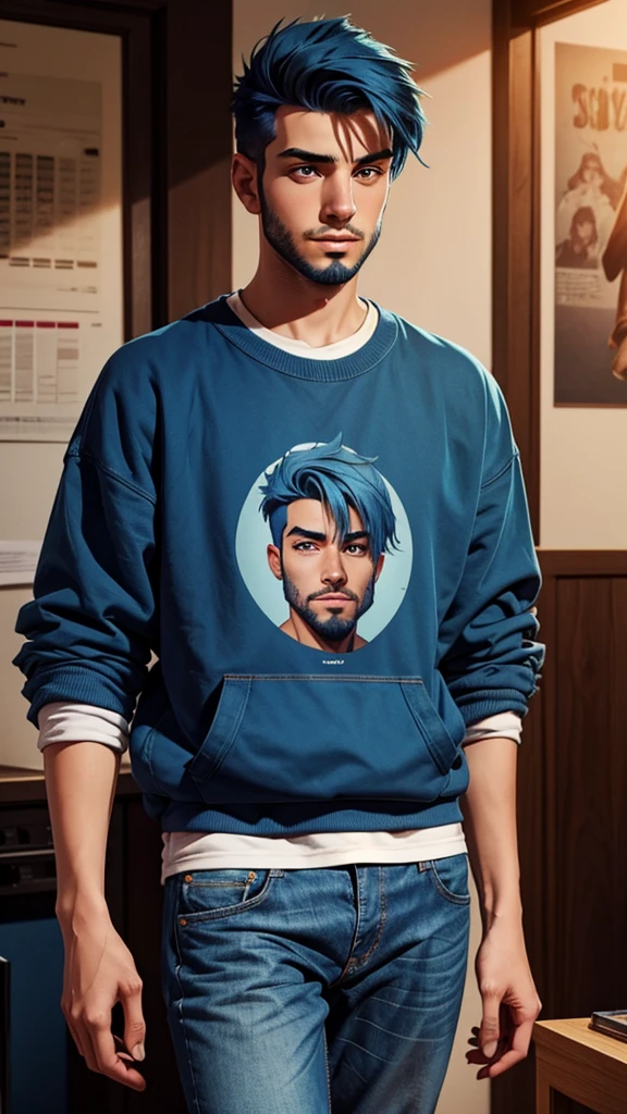 18 year old man, short blue hair, thin, wears a sweatshirt and jeans, he has days of beard. Cómic style 