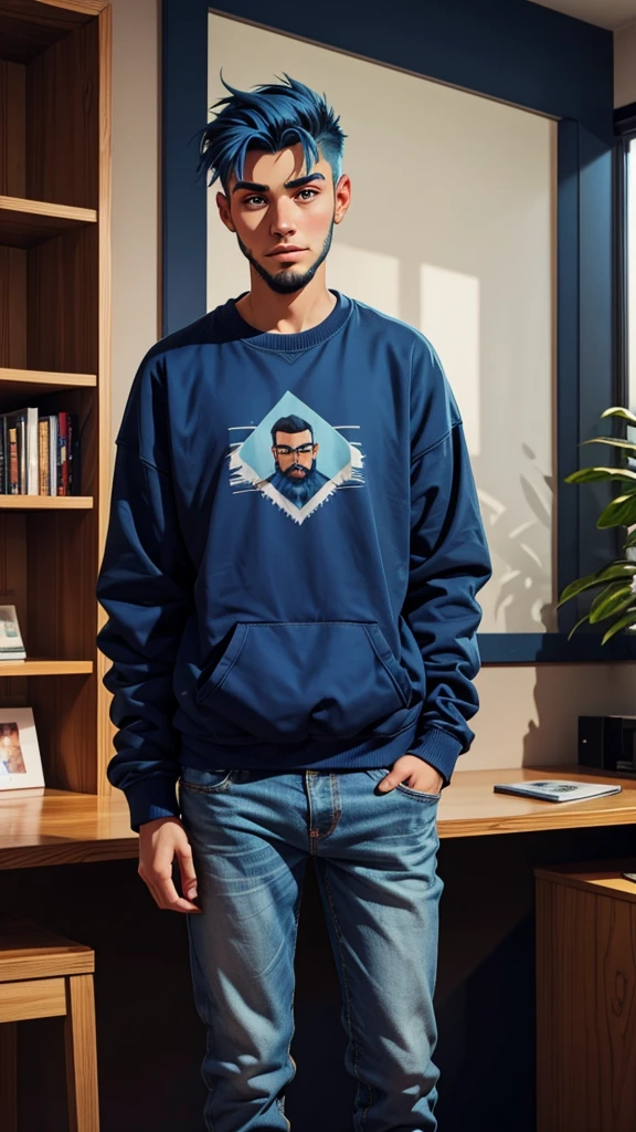 18 year old man, short blue hair, thin, wears a sweatshirt and jeans, he has days of beard. Cómic style
