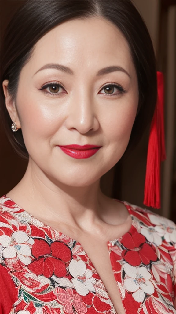 Mature Woman, Face close-up, Japanese painting gravure, senior citizen, Draw lips correctly, Red lipstick, No discomfort, 16K, Highest quality, Very detailed, Realistic, Very detailed肌, (Chinese), alone, Large Breasts, Mature Madam, Glamour, sexy, Chromo White Skin, Staring straight ahead,