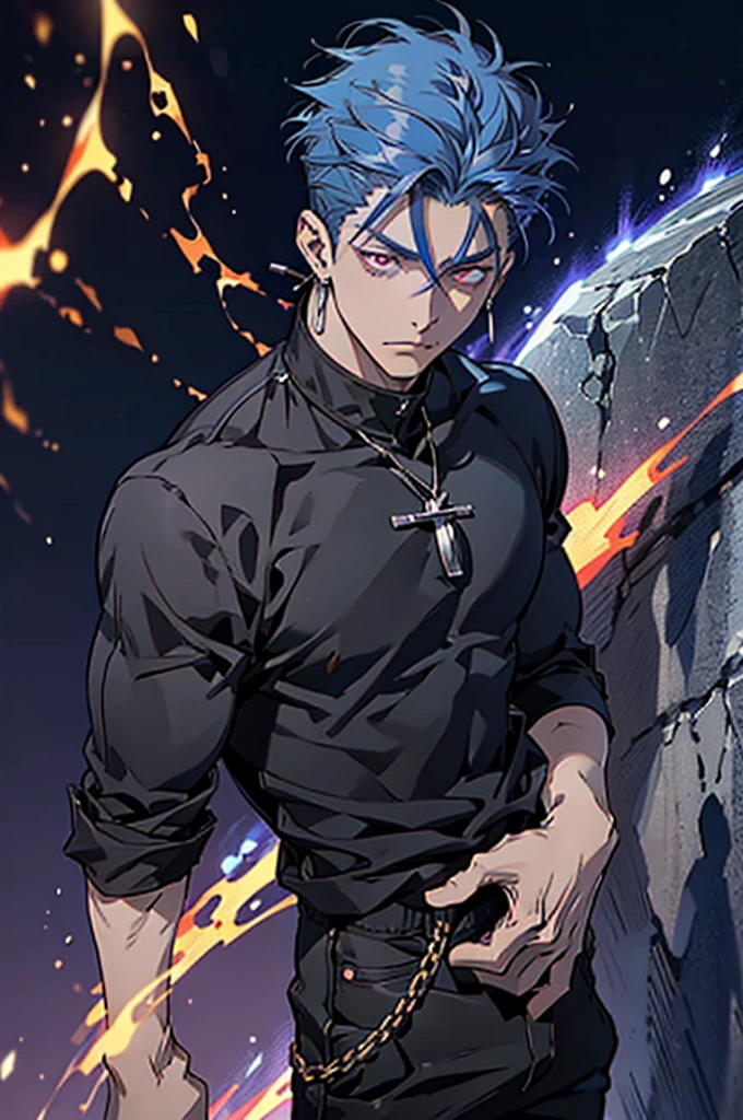 highest quality, 8K, high resolution image, anime style Jujutsu Kaisen, (Gilgamesh | Fate), detailed strokes, bored look, blurry, purple light reflecting from it, (close angle), 1 man, young, male, model, cooler Guy, multicolored background with different geometric shapes, around stickers, muscular, red eyes, dark blue hair, hairstyle, hairstyle: undercut, short hair, blue hair, puffy chest, he is wearing a cool shirt and black sweatpants, hand in pants pocket, golden link chain, background: room, recording studio,
