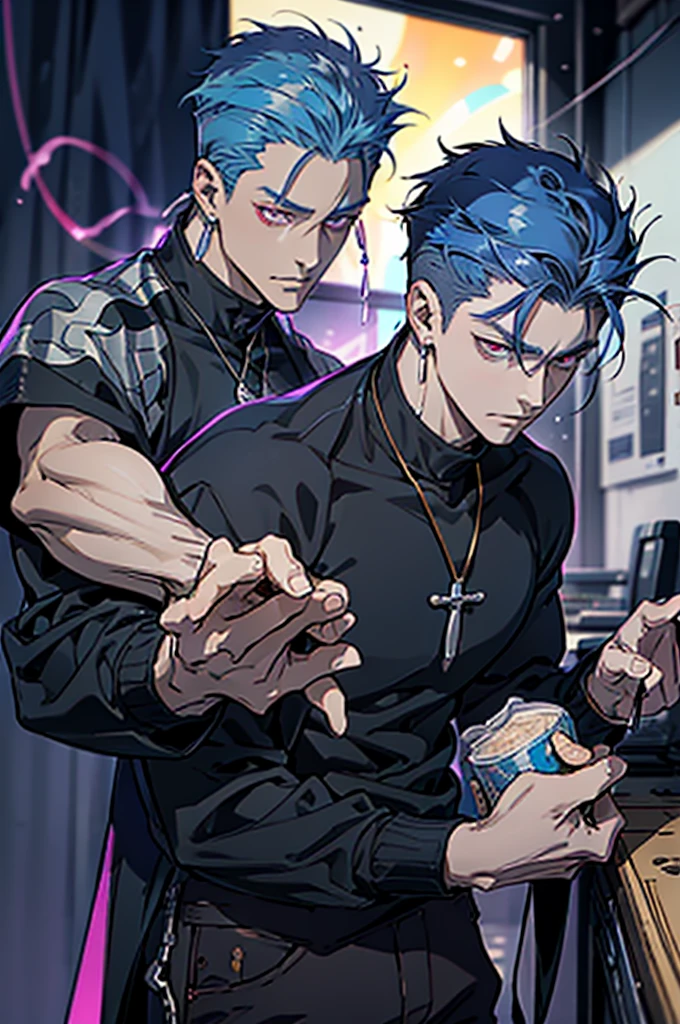 highest quality, 8K, high resolution image, anime style Jujutsu Kaisen, (Gilgamesh | Fate), detailed strokes, bored look, blurry, purple light reflecting from it, (close angle), 1 man, young, male, model, cooler Guy, multicolored background with different geometric shapes, around stickers, muscular, red eyes, dark blue hair, hairstyle, hairstyle: undercut, short hair, blue hair, puffy chest, he is wearing a cool shirt and black sweatpants, hand in pants pocket, golden link chain, background: room, recording studio,