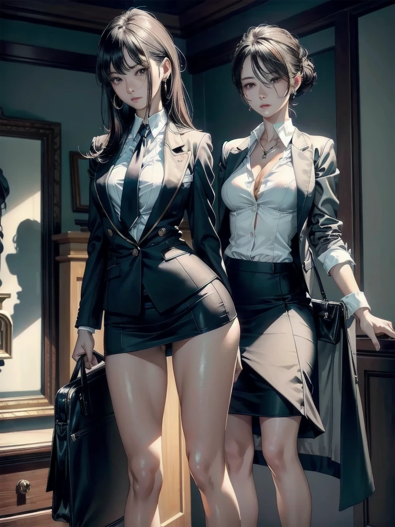 1 woman, ada wong, fully clothed, skirt suit, suit and tie, (((mavy three-piece suit))), silk dress shirt, shirt and tie, necktie, ((blazer)), ((suit jacket)) ((waistcoat)), bodycon miniskirt, pantyhose, tights, stockings, ((pinstripe suit)), high heels, tie clip, cufflinks, pocket square, tailored suit,